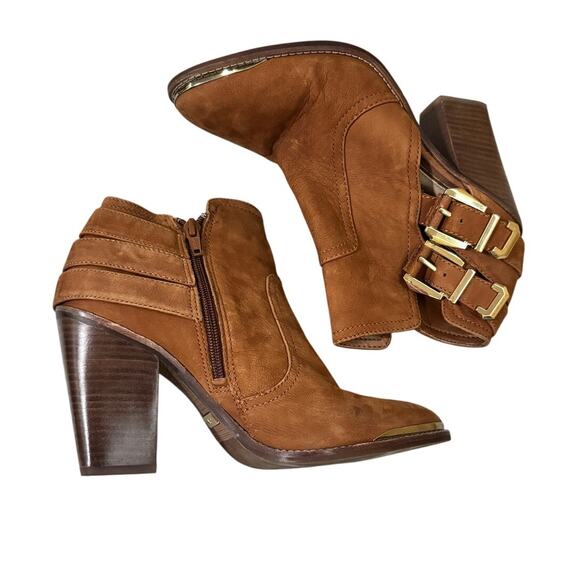 Gianni Bini Tan Suede Ankle Boots Women’s 8M Gold Buckle Block Heel Booties - Picture 5 of 8